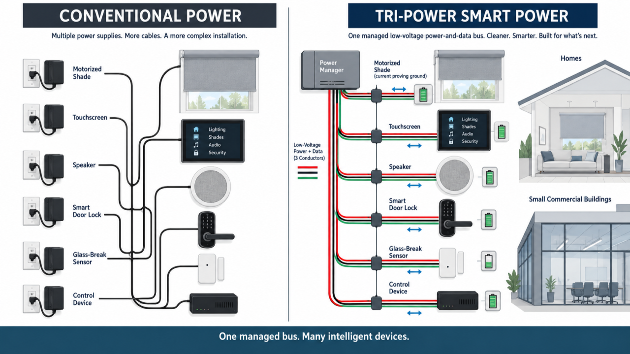 Original article illustration comparing conventional separate power supplies with the Tri-Power managed power-and-data concept.