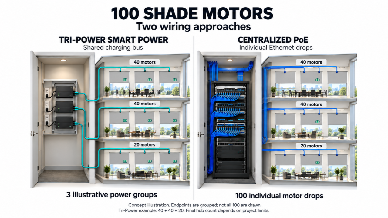 Concept illustration comparing shared Tri-Power Smart Power wiring with individual centralized PoE cable runs for 100 shade motors