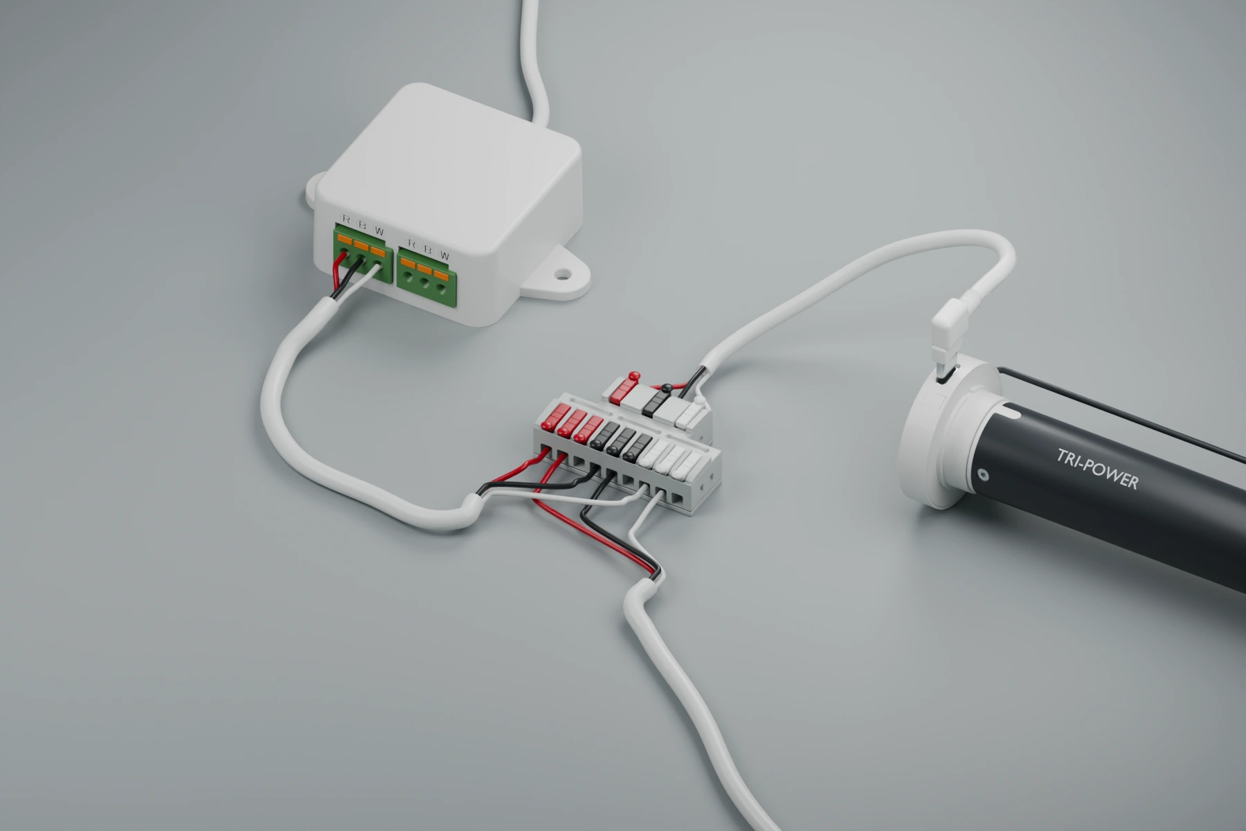 Tri-Power Smart Power hub, three-way connector and motor head with jacketed bus-in and bus-out cables and a separate USB-C motor lead