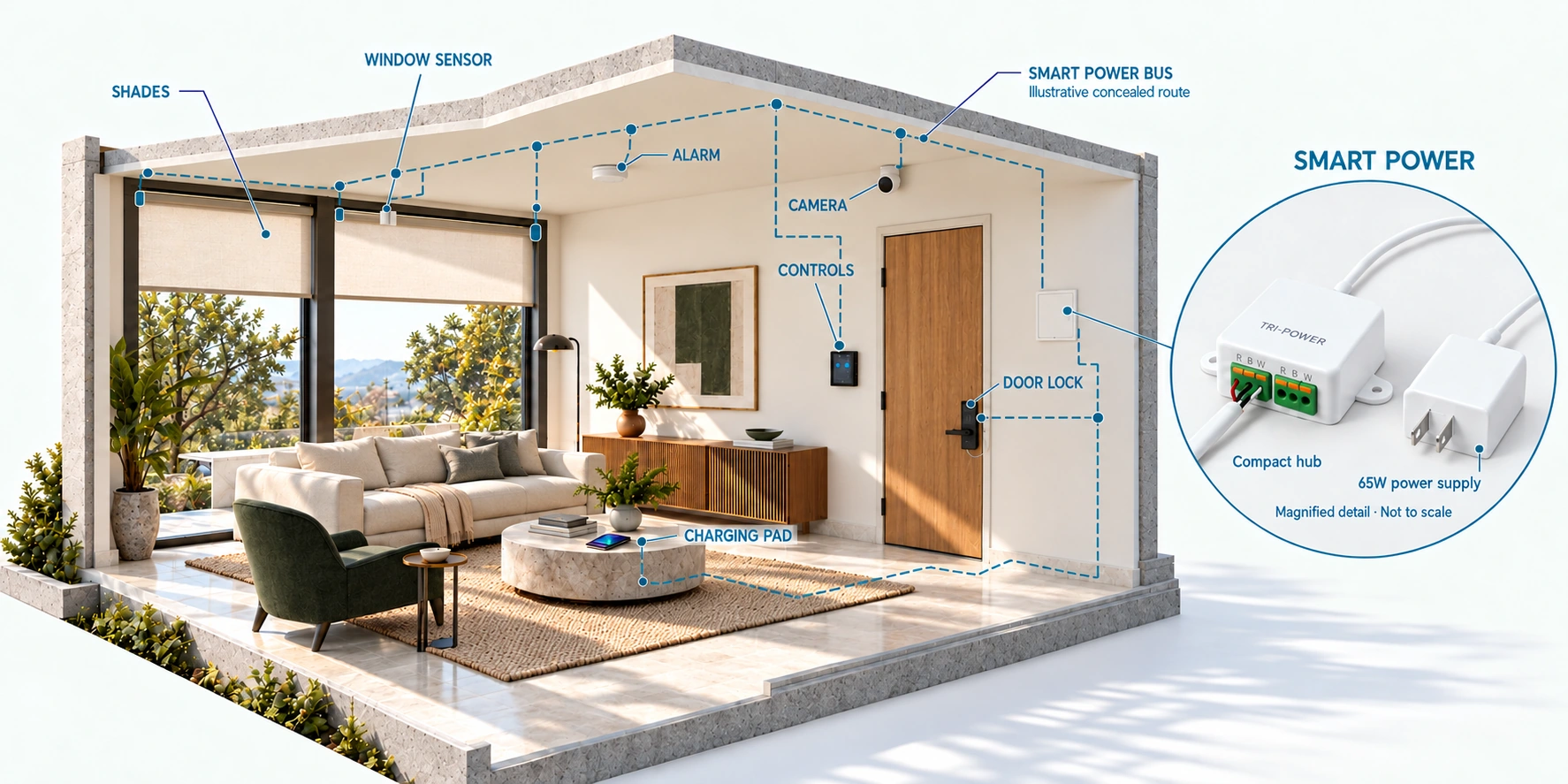 Smart Power development illustration with shared bus branches, a small wall panel and a magnified compact hub and 65W power supply